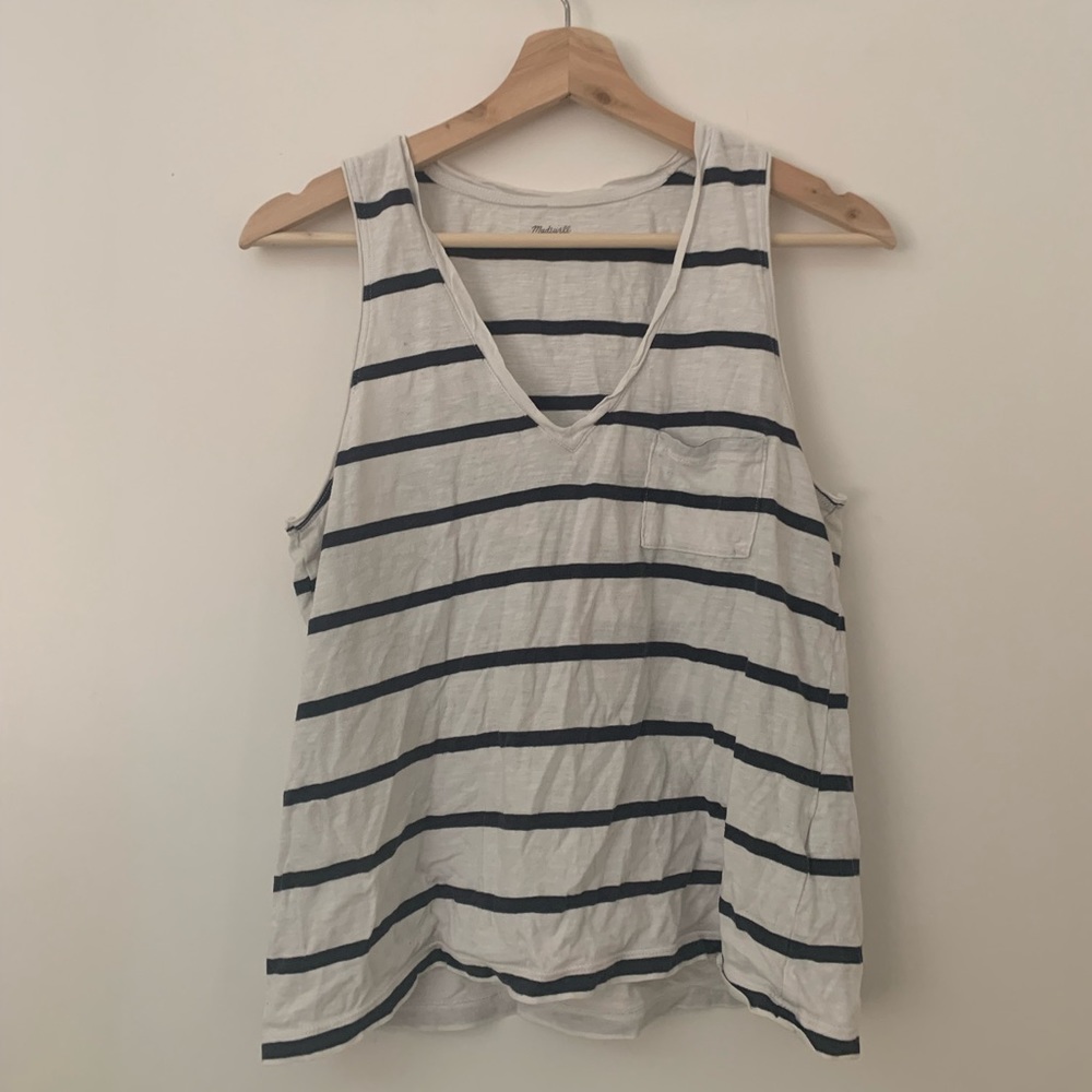 Madewell Sleeveless White & Blue Patterned Top
